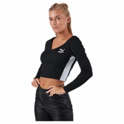 Puma Classics Ribbed Longsleeve Cropped Top Black Svart New