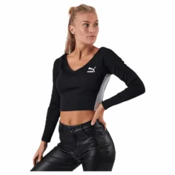 Puma Classics Ribbed Longsleeve Cropped Top Black Svart New