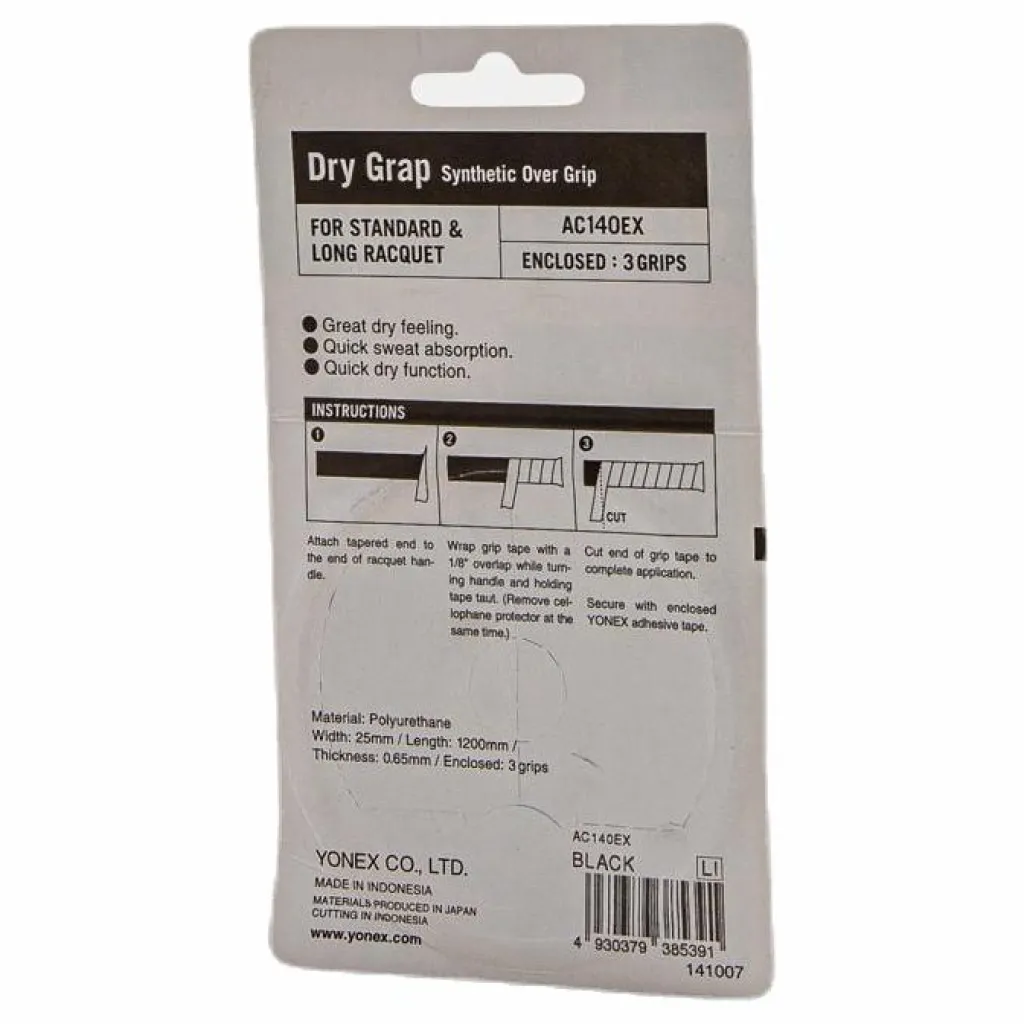 Yonex Dry Grips 3wraps Black SVARTnTJOCKLEK: 0,65mmnMATERIAL: POLYURETHANE","category": "","url": "https://sportamore.com/products/214881-yonex-dry-grips-3wraps-svart","gtin13": "4930379385391","productId": "4930379385391","image": {"@type": "ImageObject","url": "https://sportamore.com/cdn/shop/products/4930379385391_001_2ddffda5953a454b88c9017fdb8e2e5c_1024x1024.png?v=1679187908","image": "https://sportamore.com/cdn/shop/products/4930379385391_001_2ddffda5953a454b88c9017fdb8e2e5c_1024x1024.png?v=1679187908","name": "Dry Grips 3wraps Black","width": 1024,"height": 1024}}icon-searchStäng (esc)