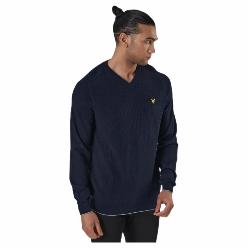 Lyle & Scott Grid Texture V Neck Jumper Blue Blå Outlet